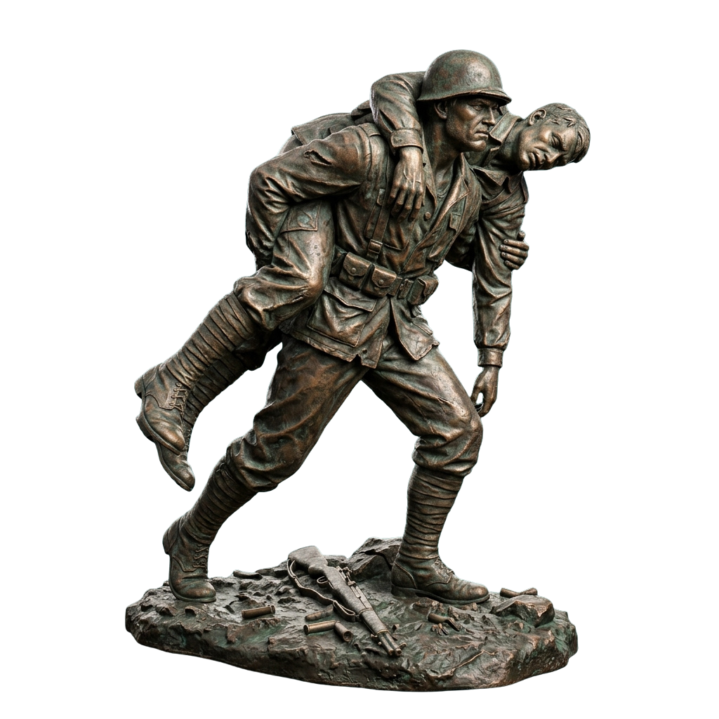 Two soldiers in historical military uniforms; one carrying another injured soldier over his shoulder.
