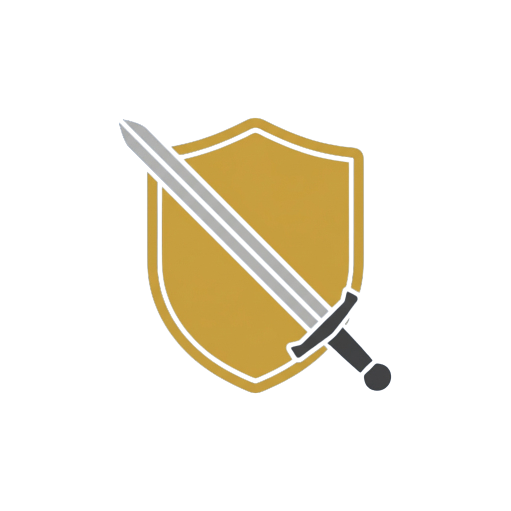 A stylized illustration of a yellow shield crossed by a sword with a gray hilt