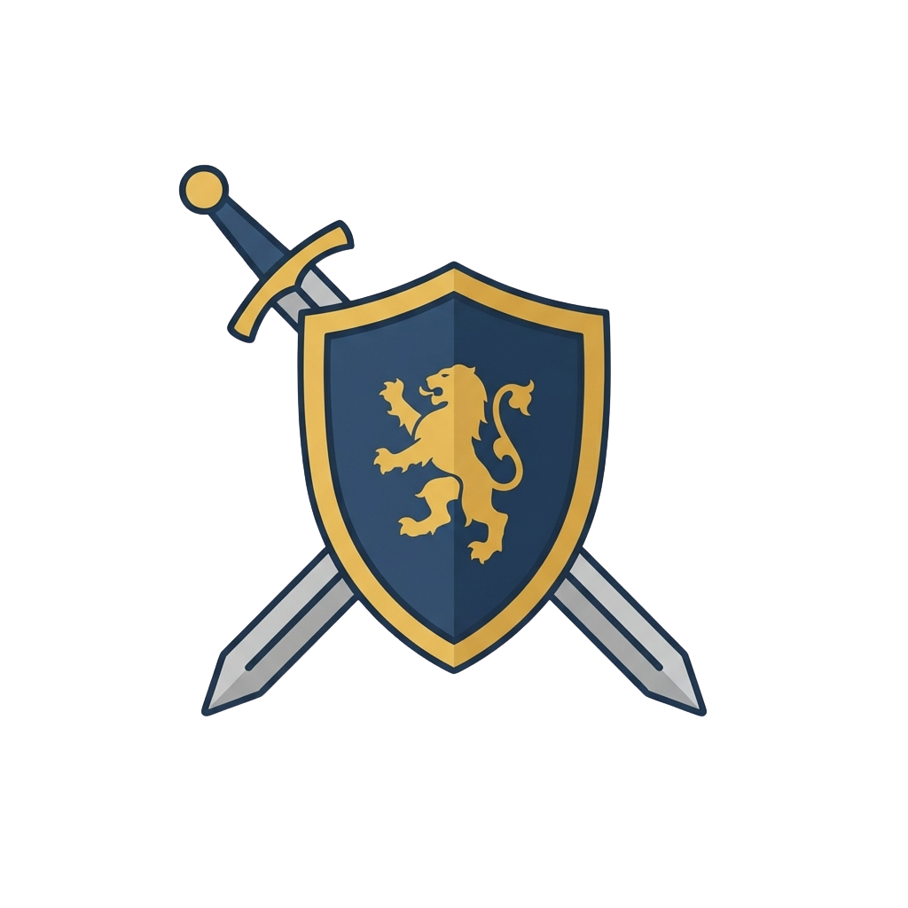 A shield with a golden lion emblem on a blue background flanked by two crossed swords.