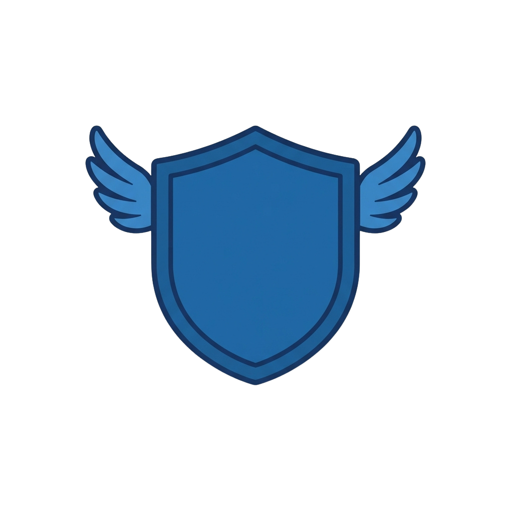 A blue shield with white wings on each side against a black background