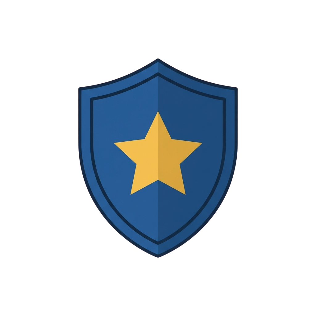 A blue shield-shaped emblem featuring a bright yellow five-pointed star in the center