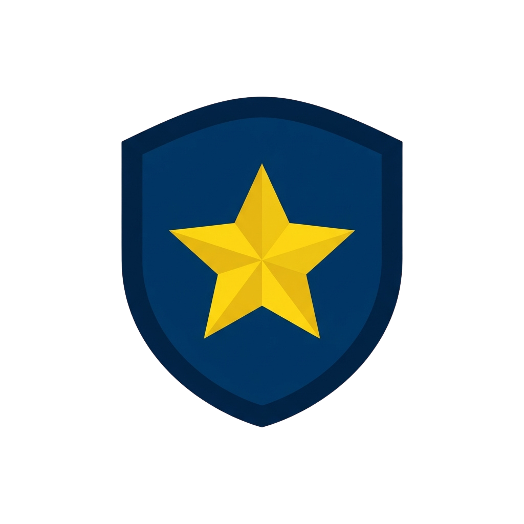 A blue shield shape featuring a prominent gold five-pointed star in the center