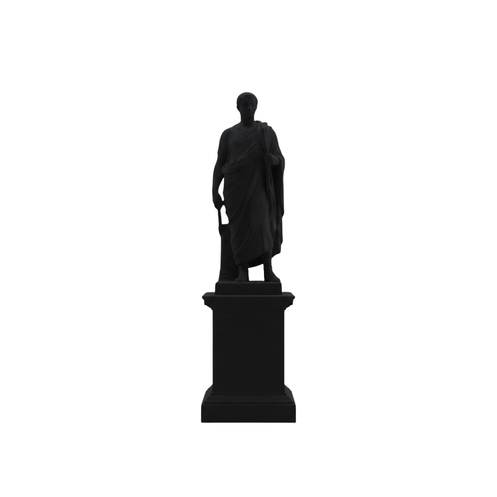 A statue of a robed figure standing on a pedestal, resembling a classical Roman emperor.