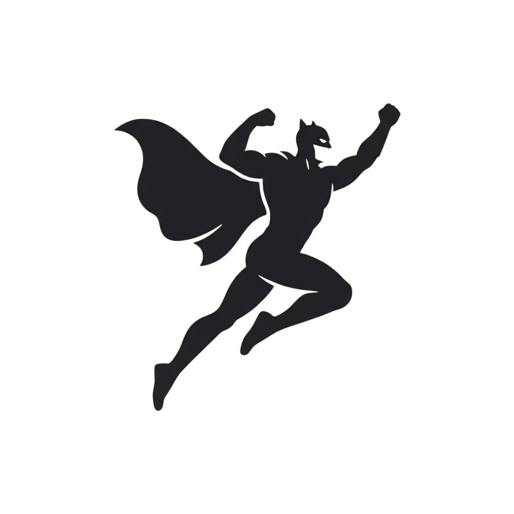 A silhouette of a superhero flying with arms outstretched against a dark background