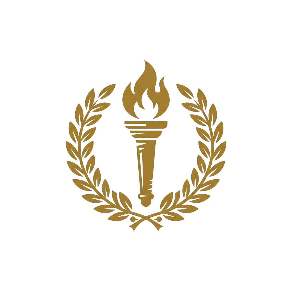 A golden torch with flames surrounded by a laurel wreath on a black background