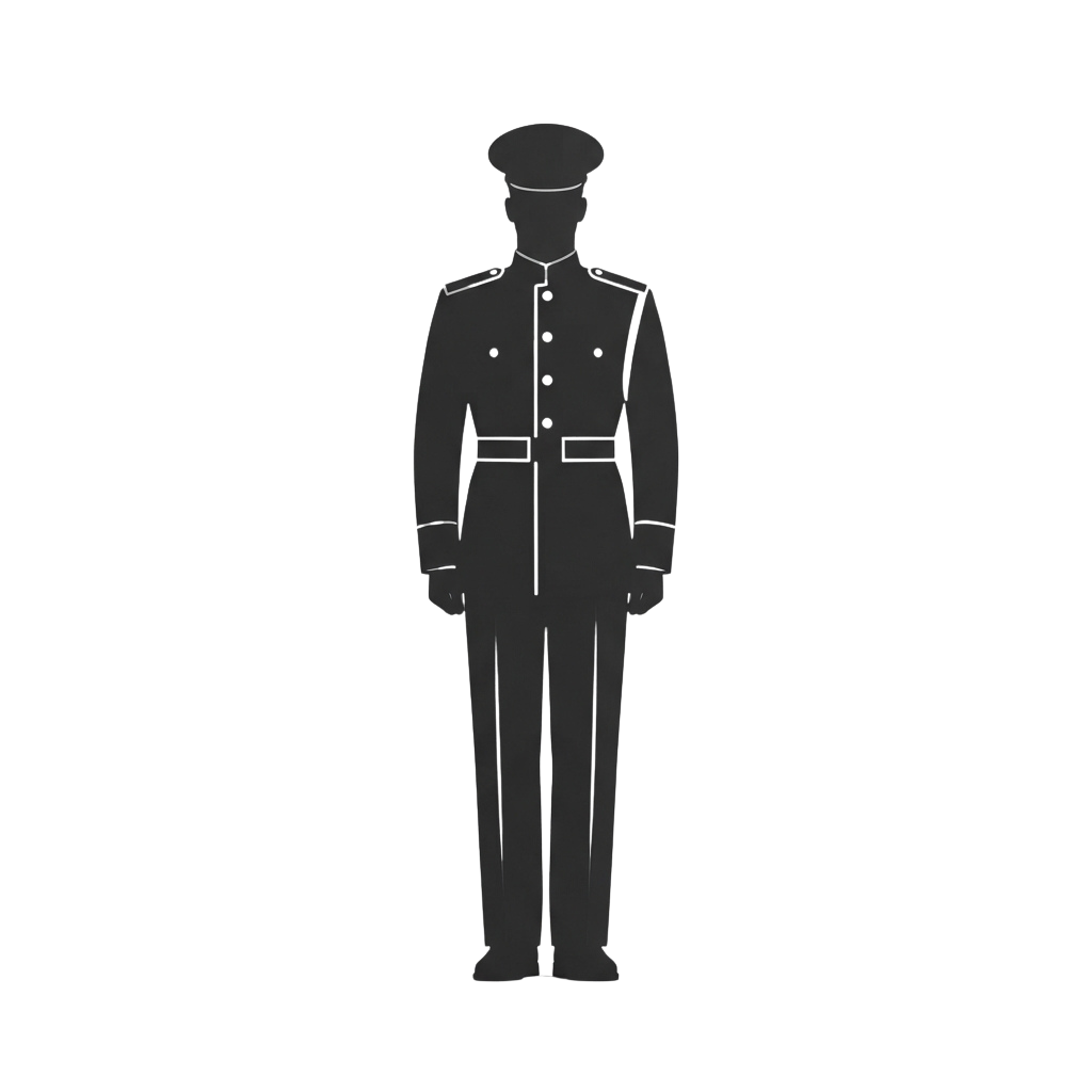 Silhouette of a person wearing a formal military dress uniform with a cap, standing upright against a dark background