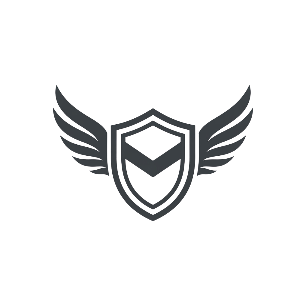 A gray shield emblem flanked by two stylized wings on a dark background