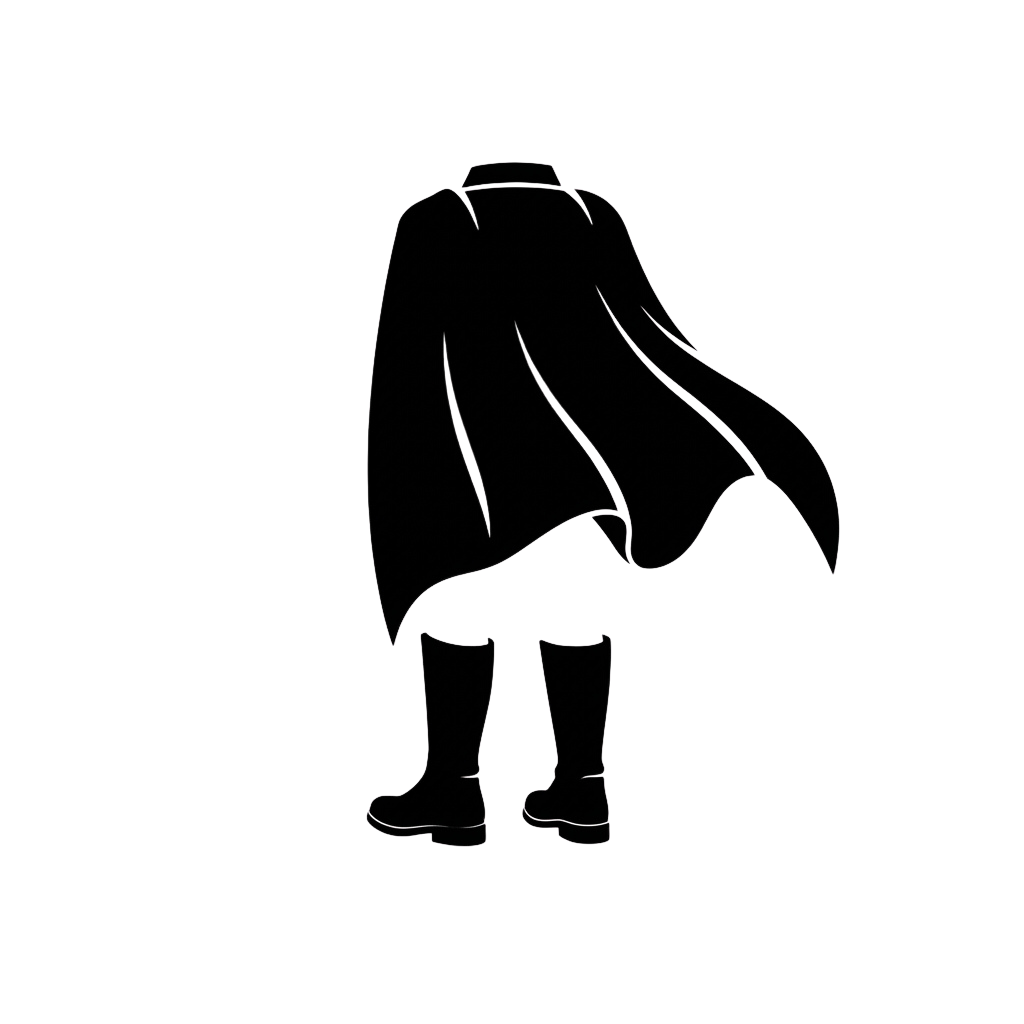 Silhouette of a person walking outdoors wearing a long coat and scarf against a dark background