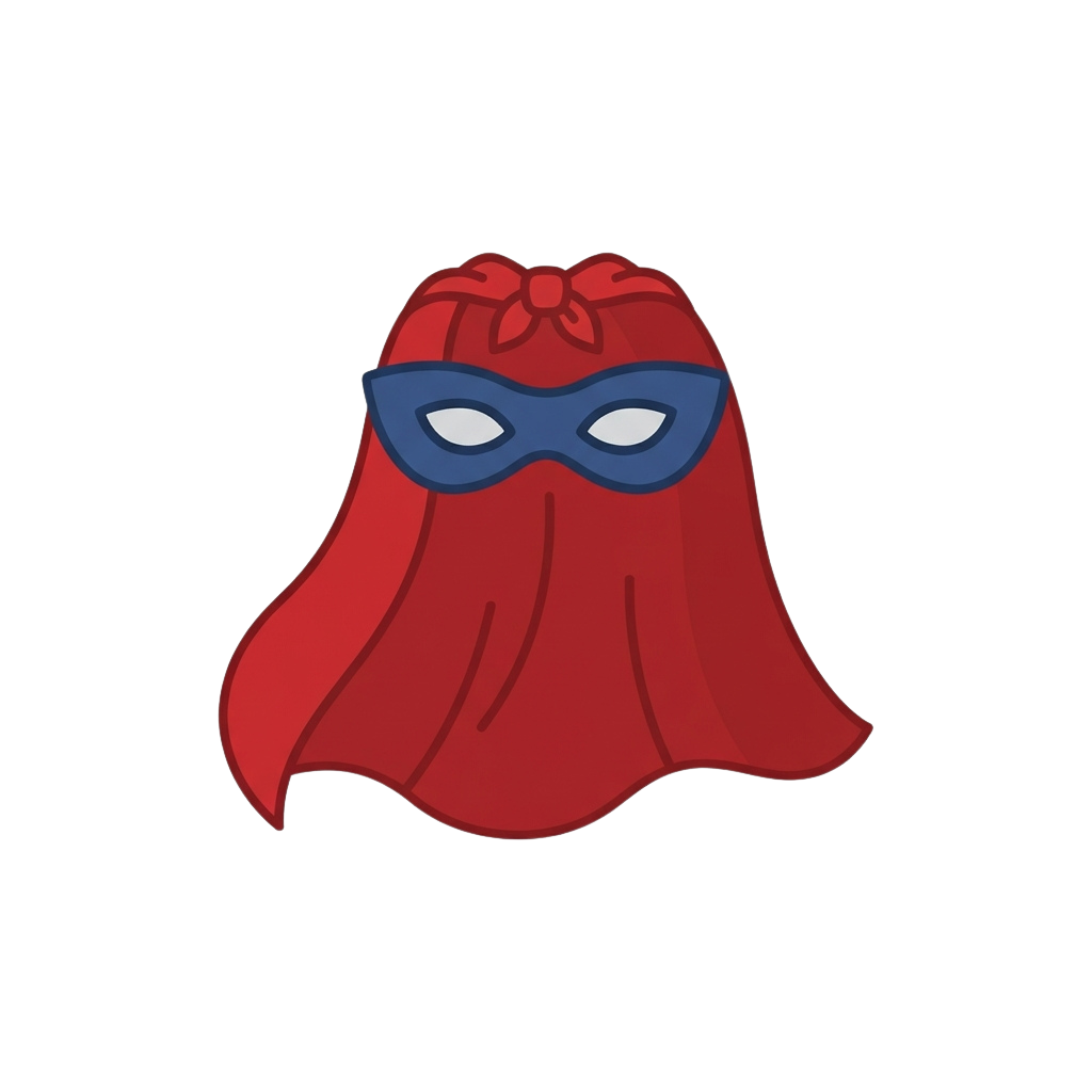 A cartoon character wearing a red cape and a blue mask with white eyes and a red bow on the head