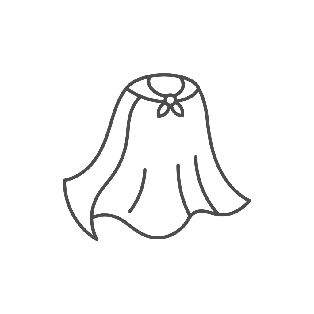 Simple line drawing of a flared skirt dress with a bow at the waist