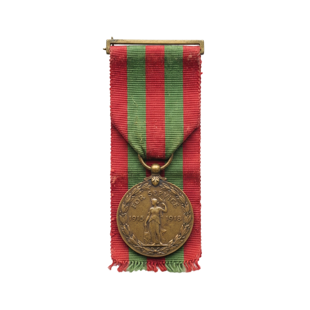 WW1 service medal featuring a woman figure with dates 1915-1918 and FOR SERVICE inscribed, attached to a red and green striped ribbon