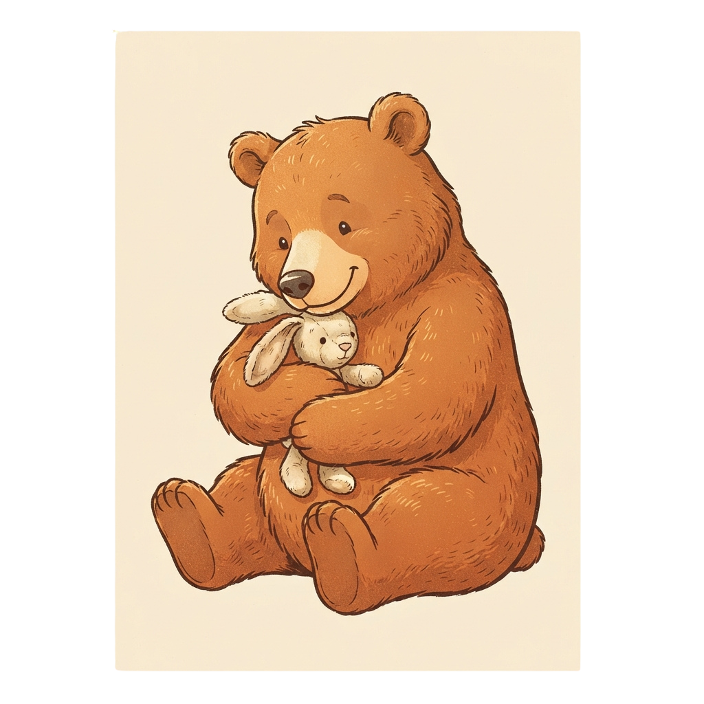A brown teddy bear sitting and hugging a small white stuffed bunny toy.
