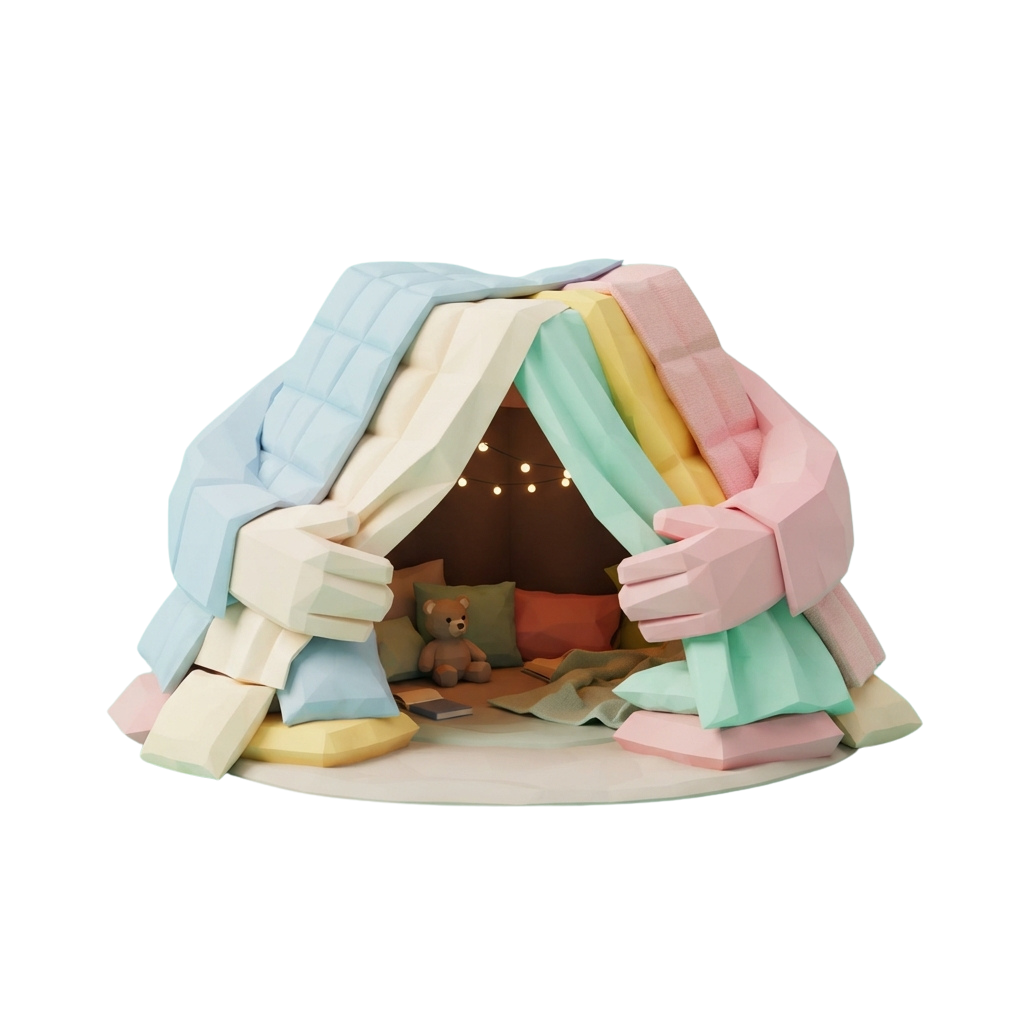 A cozy play tent made of colorful blocks with a teddy bear inside