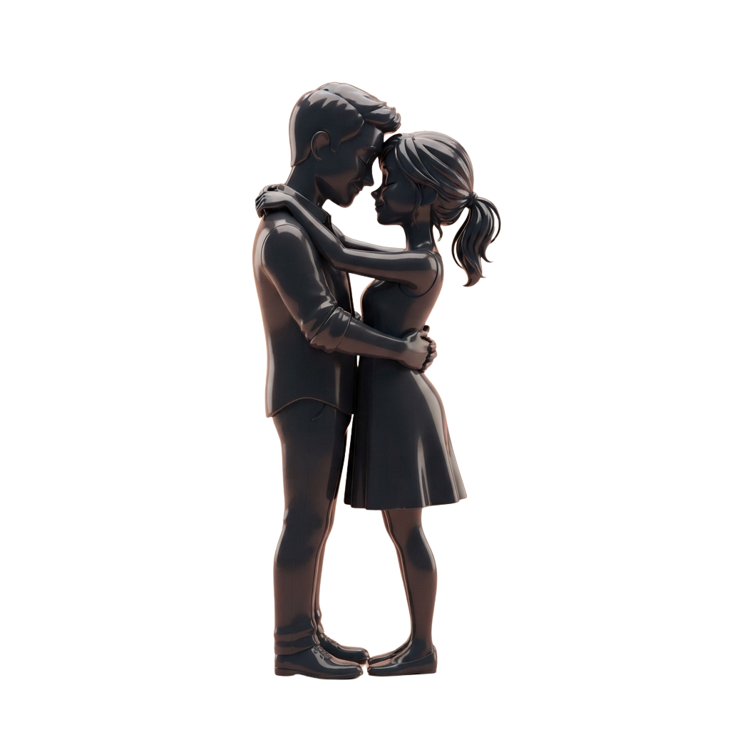 A 3D illustration of a man and woman embracing closely against a dark background