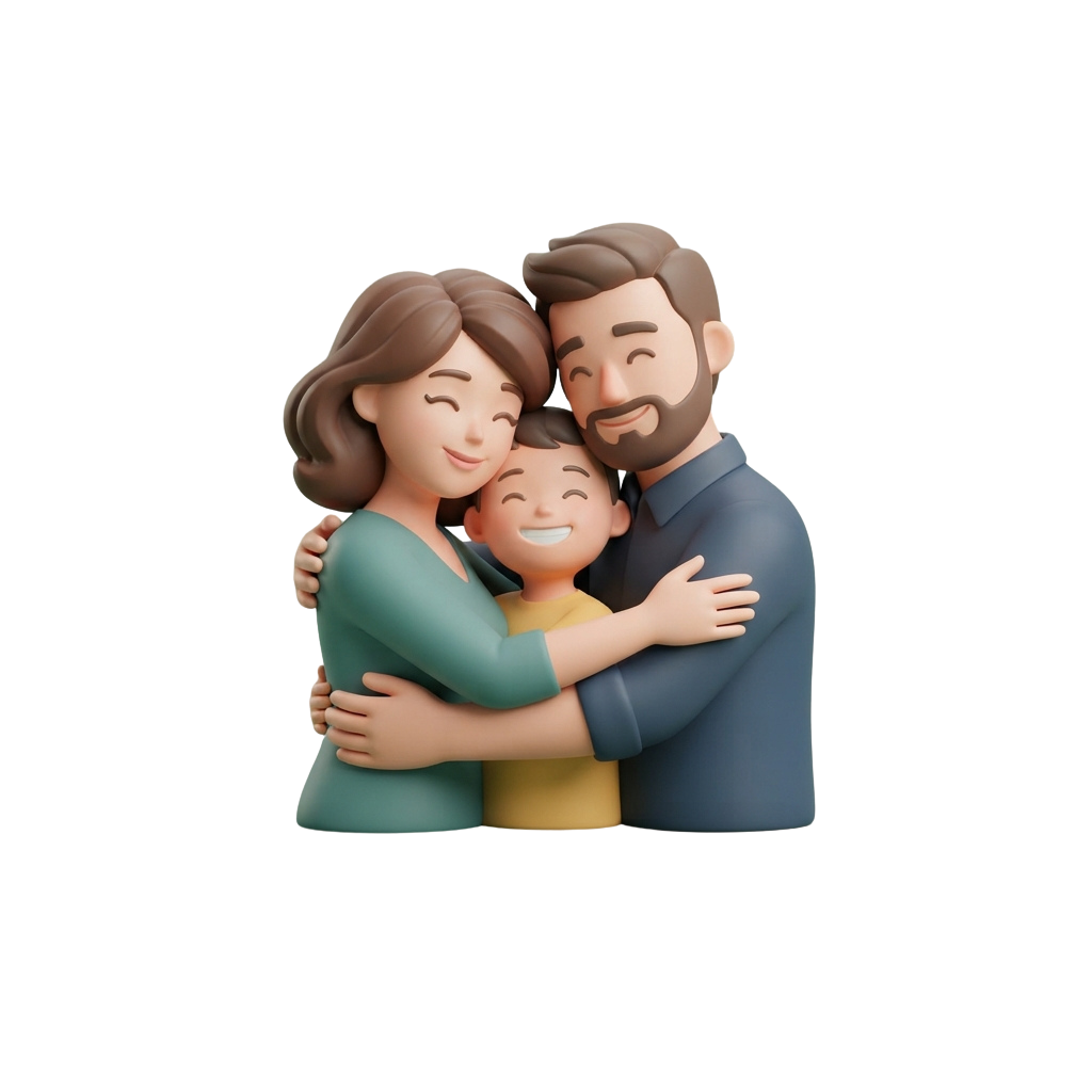 A 3D illustration of a smiling family of three embracing each other tightly.
