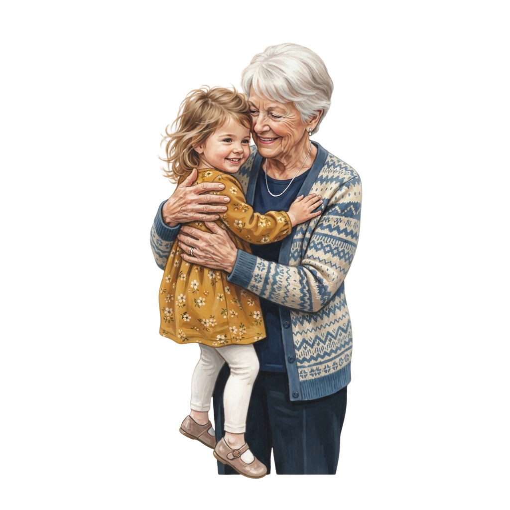 Smiling grandmother hugging a young child with curly hair, both showing affection and warmth.