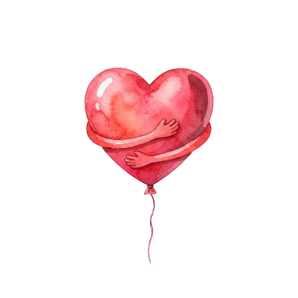 A heart-shaped balloon with arms hugging itself against a black background