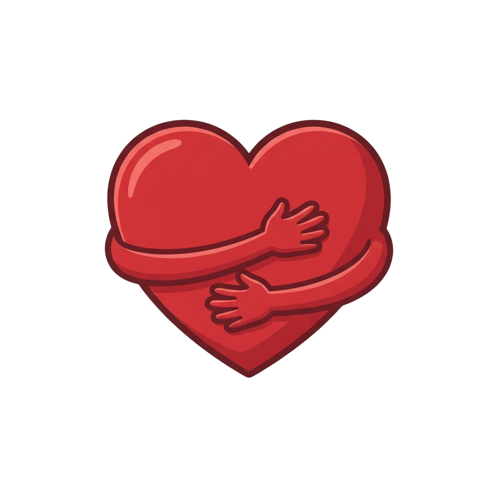 A red heart with two hands embracing inside it symbolizing love and affection