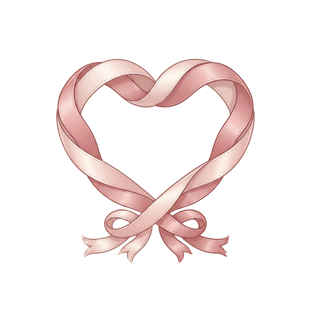 A stylized pink heart-shaped ribbon with a decorative bow at the bottom against a black background