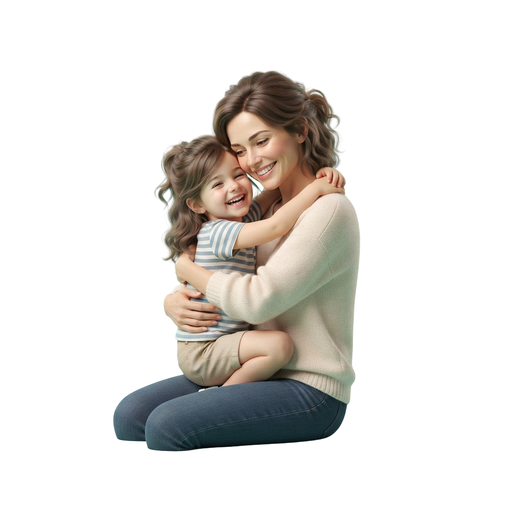 A woman hugging a young child with both arms, smiling warmly against a plain background