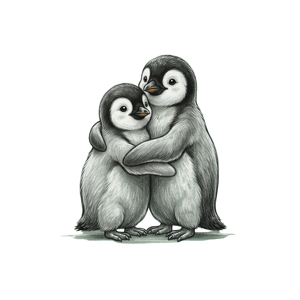 Two baby penguins embracing each other in a warm hug, illustrated in a soft grayscale style.