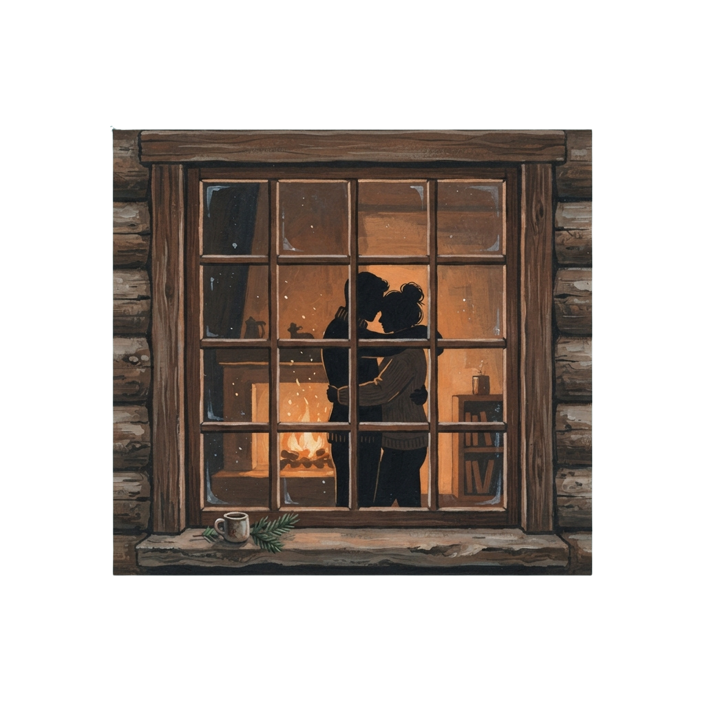 A rustic log cabin window showing silhouettes of two people embracing near a fireplace with warm lighting.
