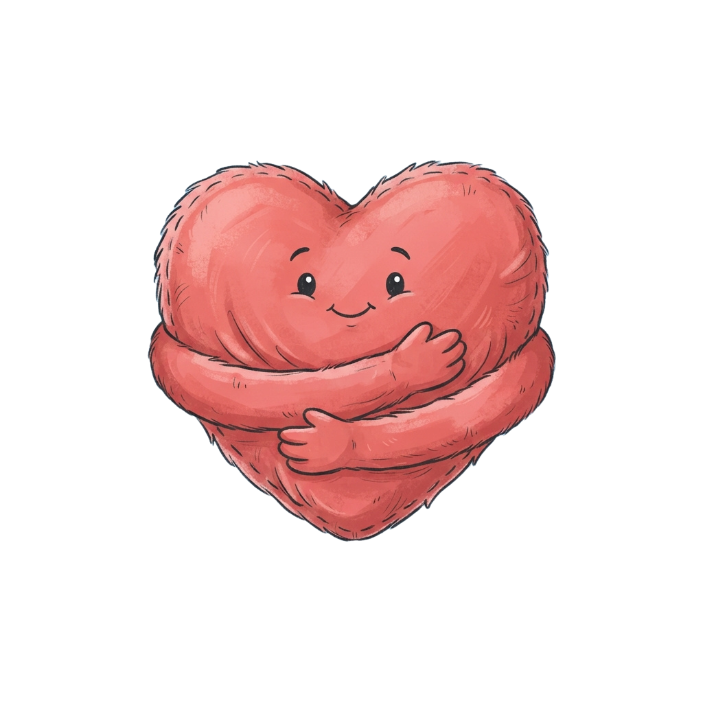 A smiling cartoon heart with arms crossed as if hugging itself against a black background