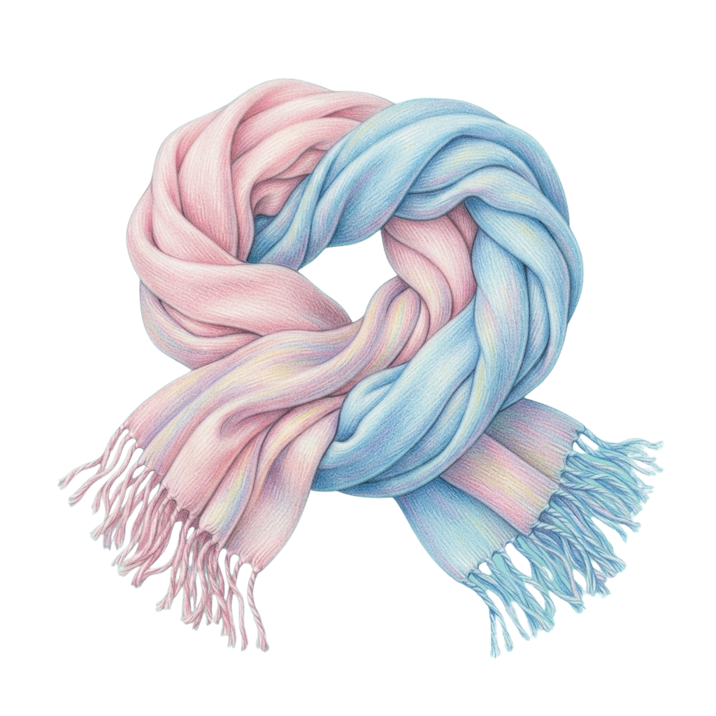 A knitted scarf with light pink and blue ombre colors and fluffy white fringe ends.