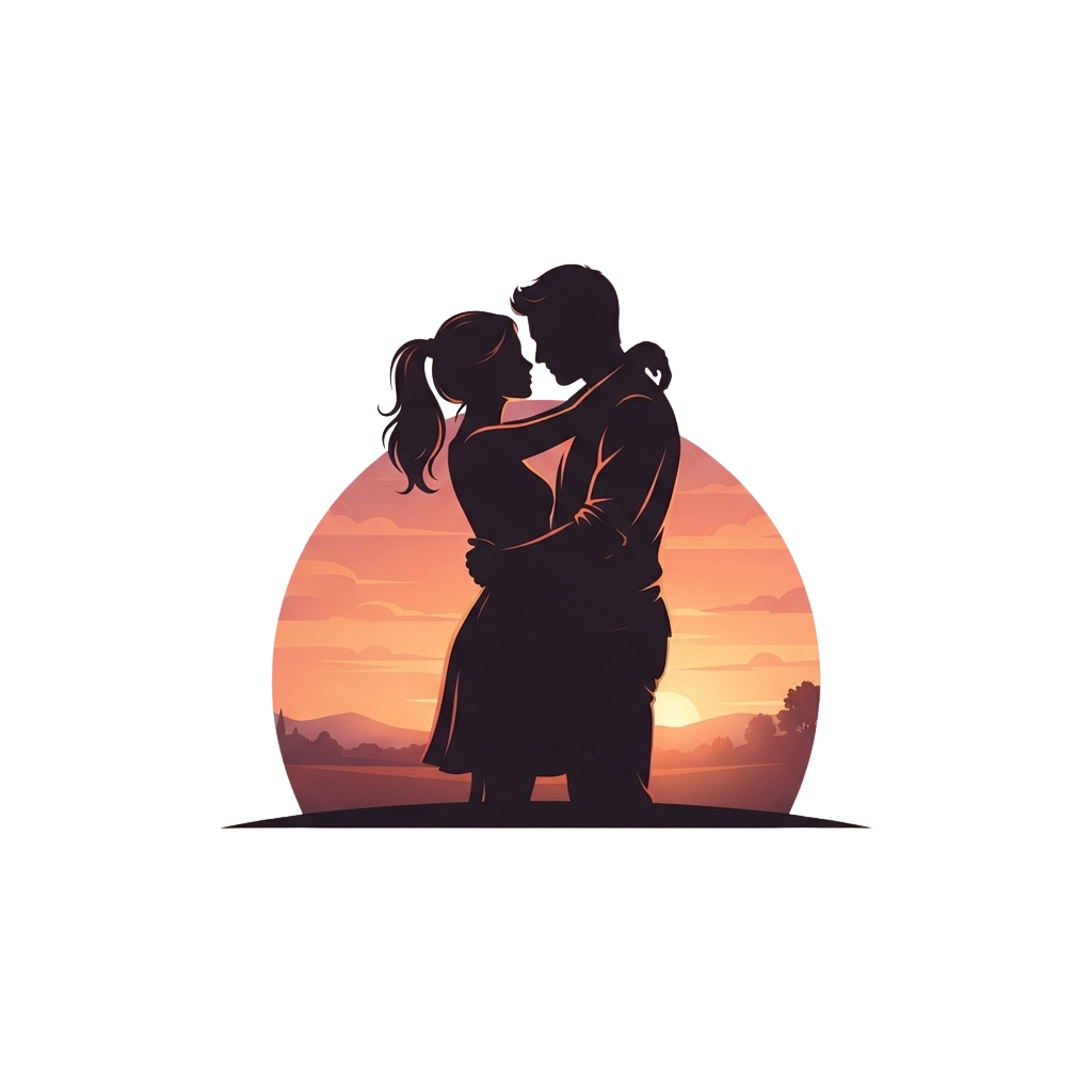 Silhouette of a couple embracing during a sunset with a warm sky background