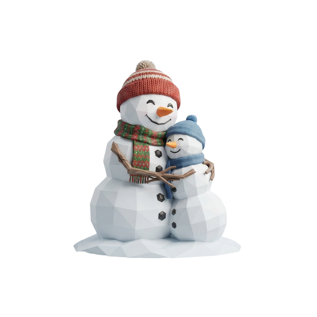 Two smiling snowmen, one large and one small, holding hands and hugging in a snowy setting