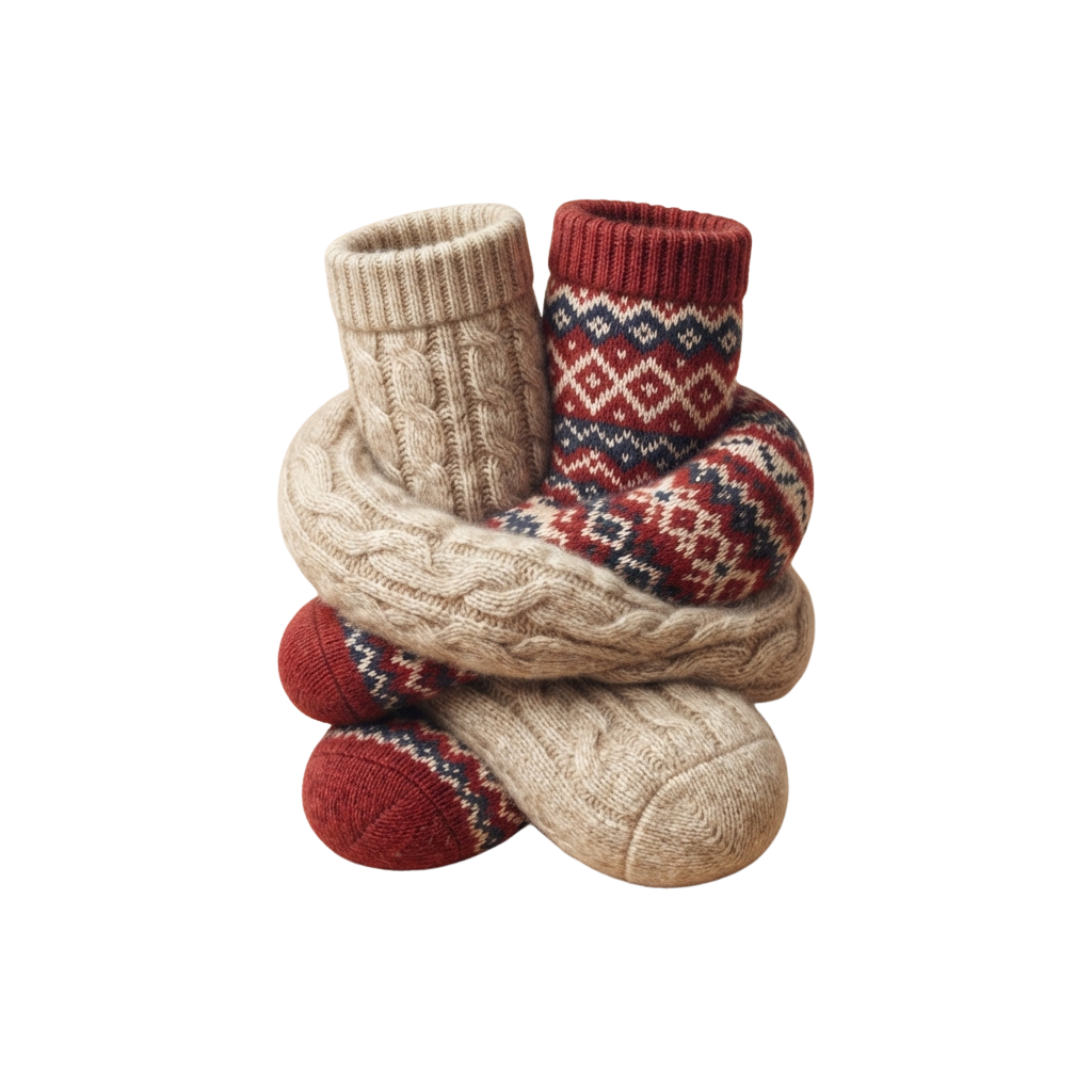 Two pairs of knitted socks and a beige knitted scarf arranged together on a black background