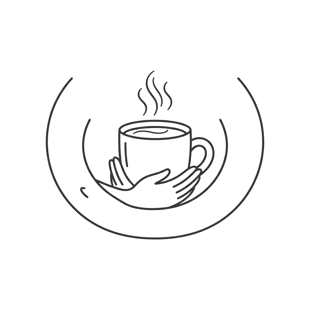 A hand holding a steaming coffee cup with a simple outline style