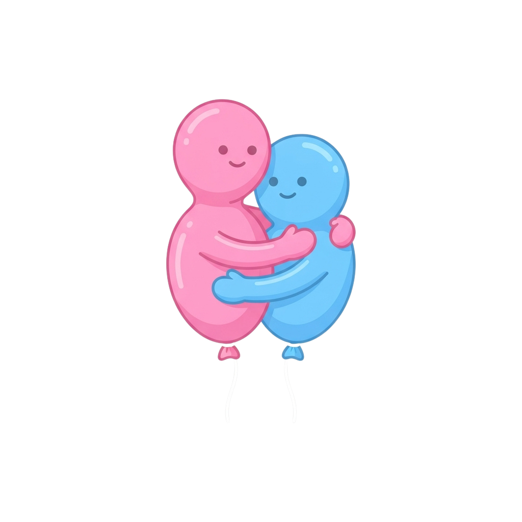 Two cartoon balloon characters hugging, one pink and one blue, with smiling faces
