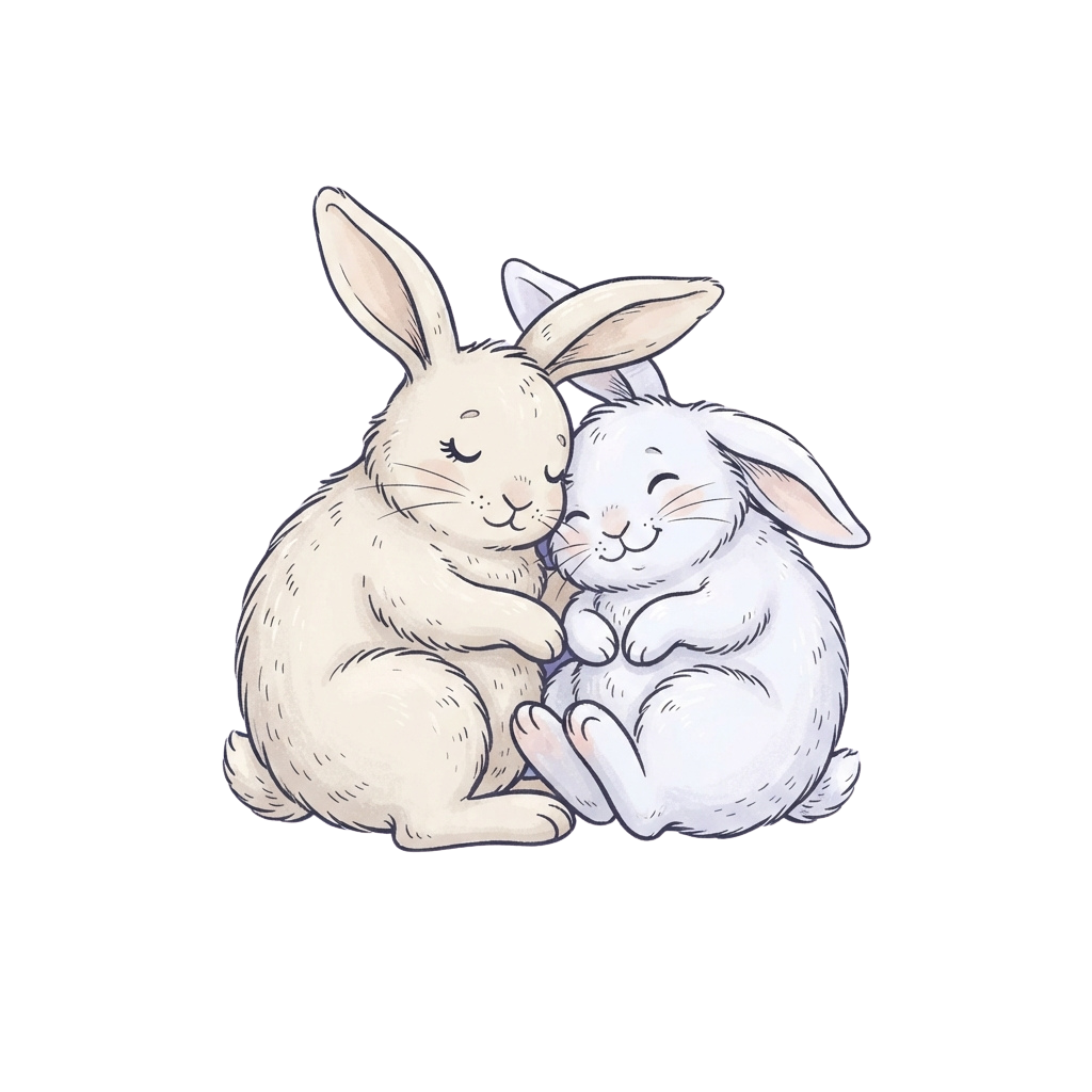 Two cartoon rabbits sitting close together, embracing in a friendly hug