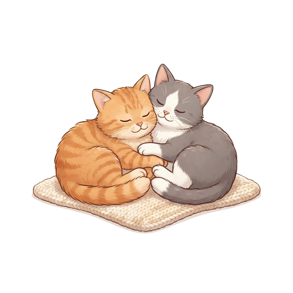 Two kittens, one orange and white striped and one gray and white, sleeping closely together on a textured mat.