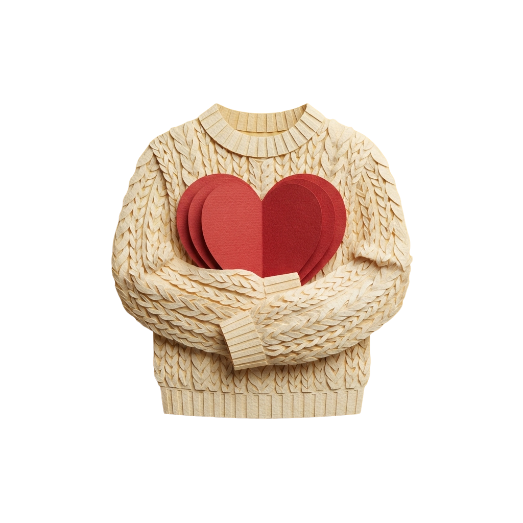 A knitted sweater sculpture holding a red heart shape with blank facial features.