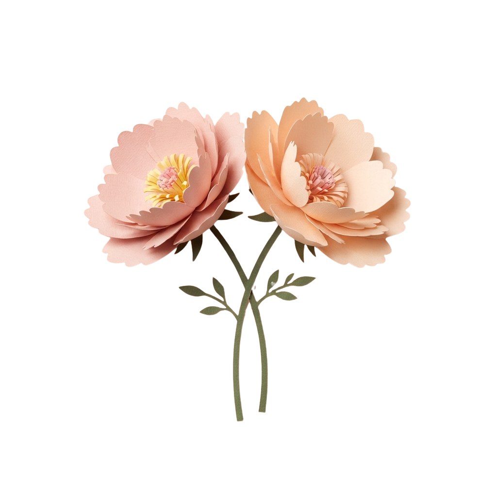 Two pastel pink paper flowers with green stems and leaves on a black background