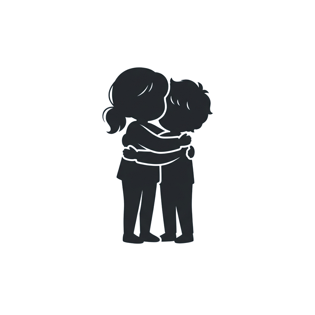 Two children embracing each other in a warm hug, shown as a simple silhouette.