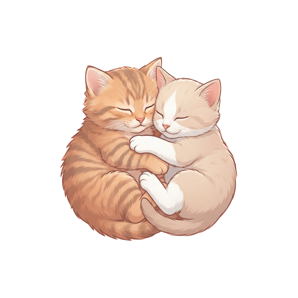 Two small kittens curled together sleeping closely with paws touching