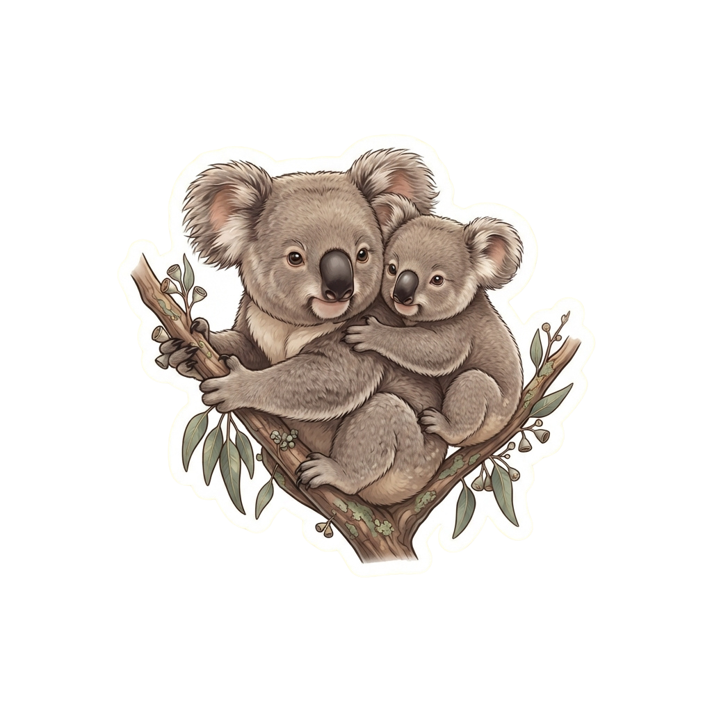 A koala mother holding her baby on a eucalyptus branch with leaves