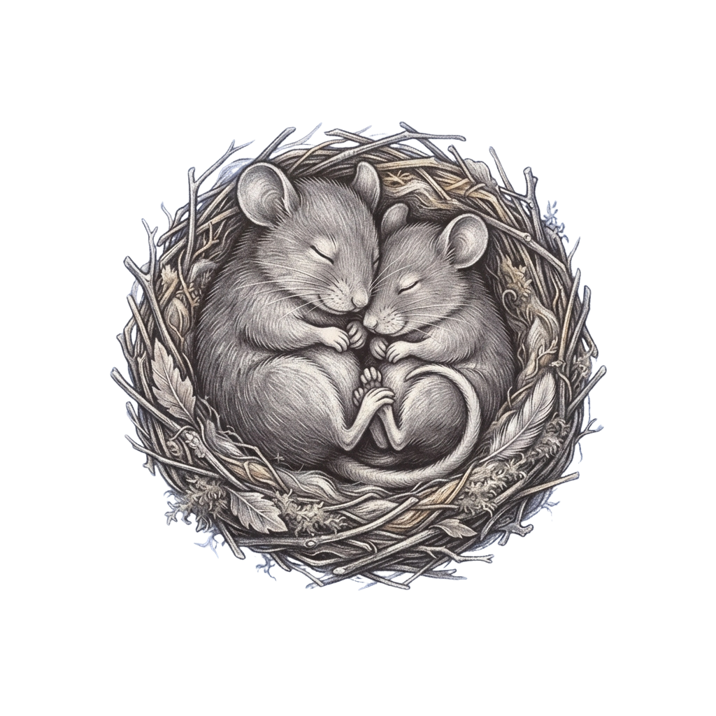 Two small gray mice curled together sleeping in a nest made of straw and twigs