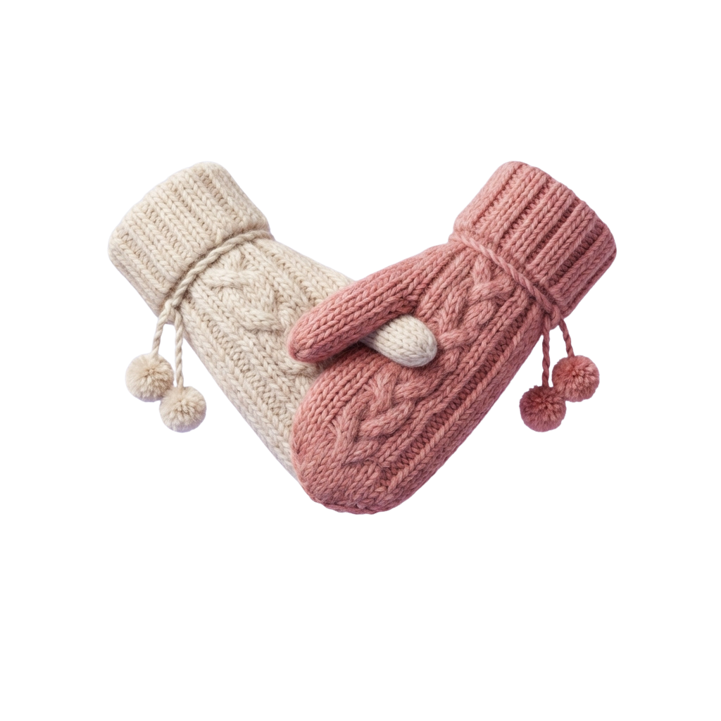 Two fingerless gloves in cream and pink with cable knit patterns and small pom poms on the ends of the cuffs