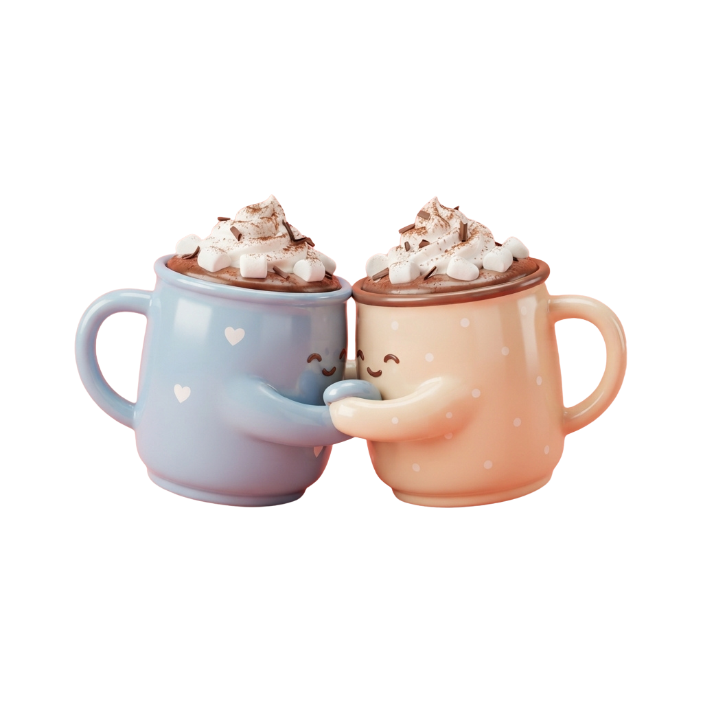 Two smiling cartoon mugs holding hot beverages topped with whipped cream and marshmallows, holding hands.
