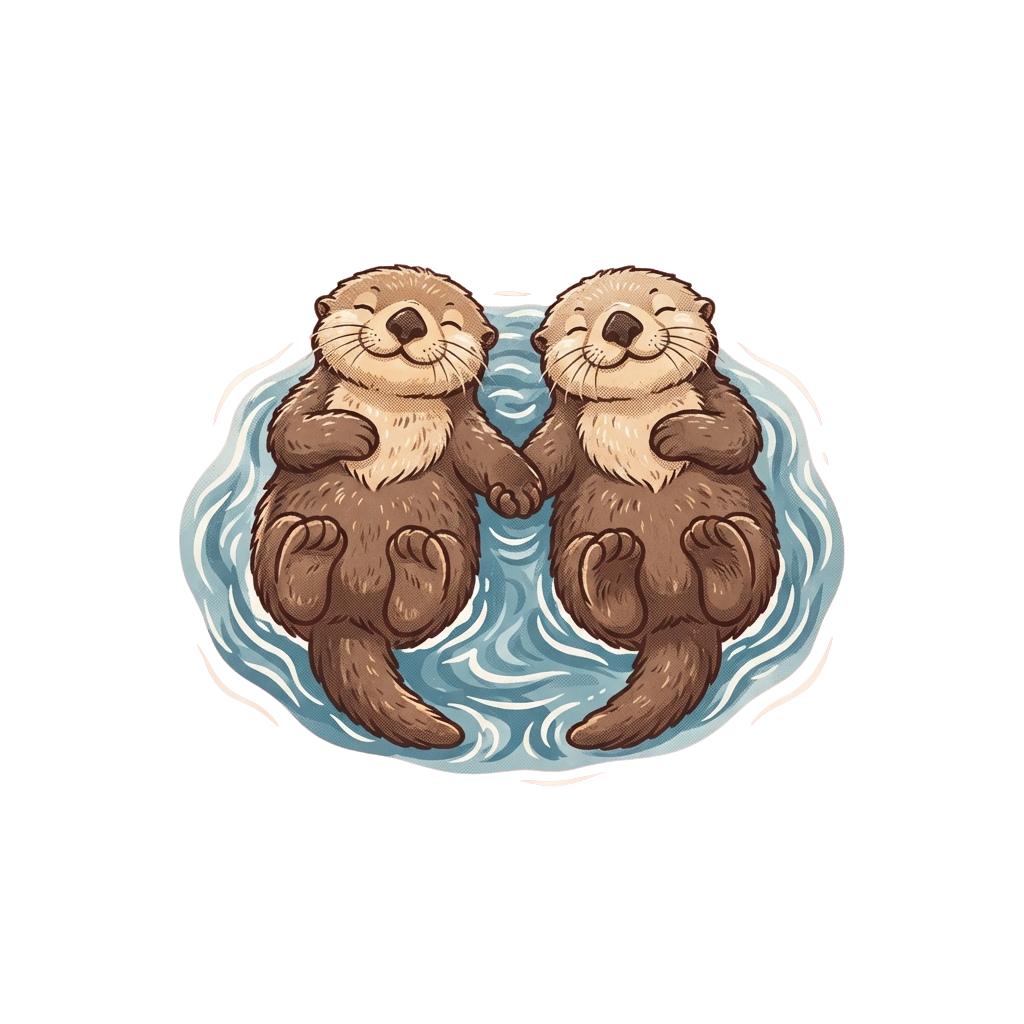 Two otters floating on their backs in water, holding paws together peacefully