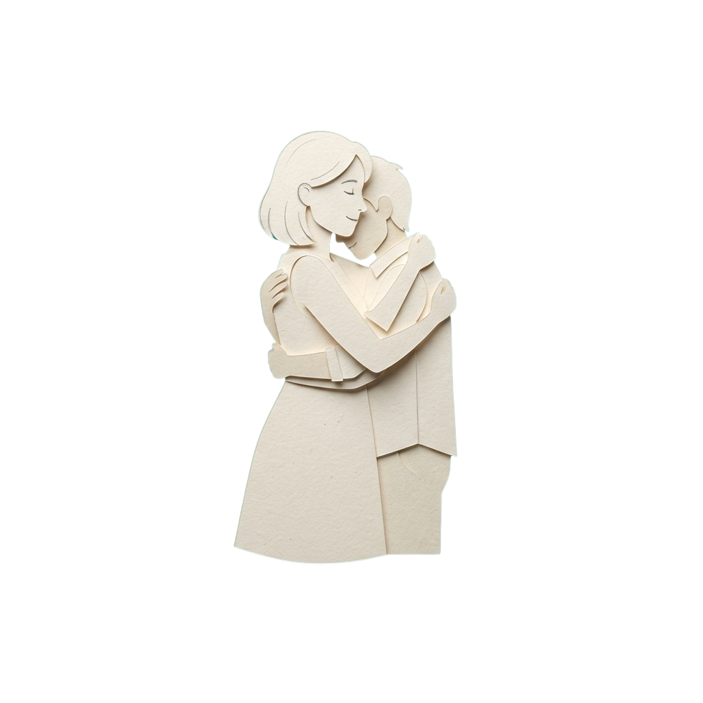 Two paper cutout figures embracing in a heartfelt hug against a black background