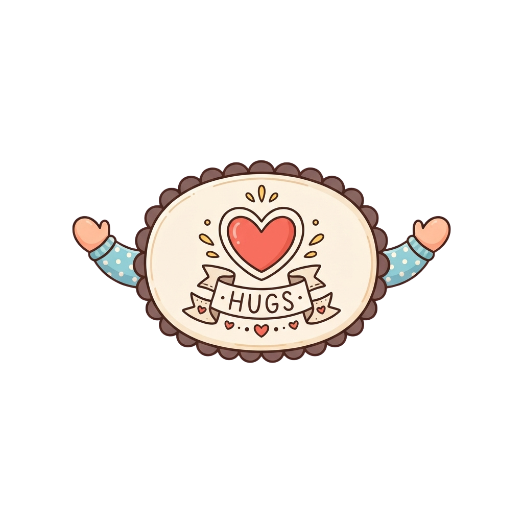 Two arms giving a hug around a banner that reads HUGS with a heart in the center