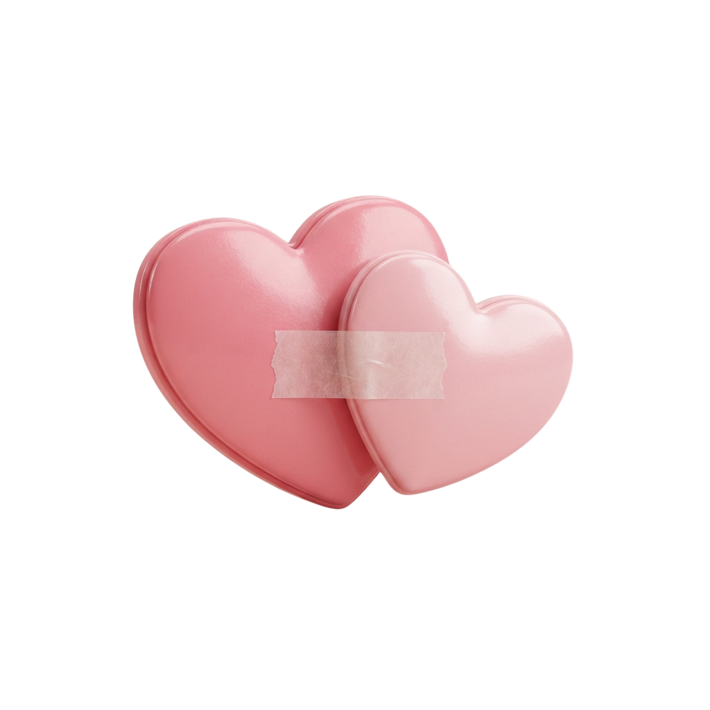 Two pink heart-shaped macarons joined together with a small white bandage in the center
