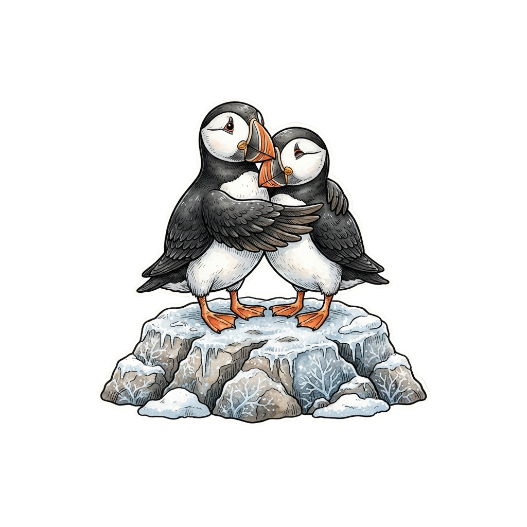 Two puffins standing on an icy rock, embracing each other with their beaks.