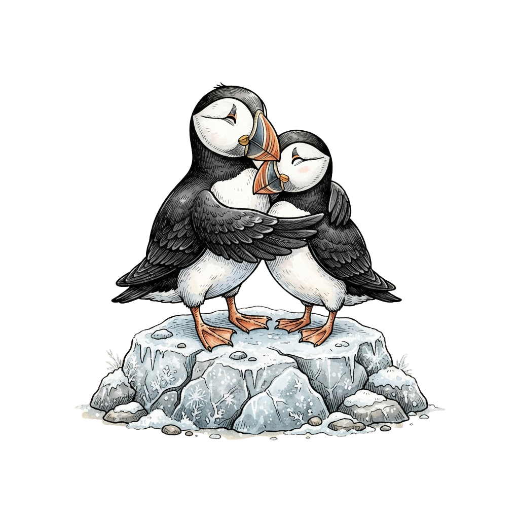 Two puffins standing on a rocky surface, kissing with a decorative bow tie around one puffin's neck