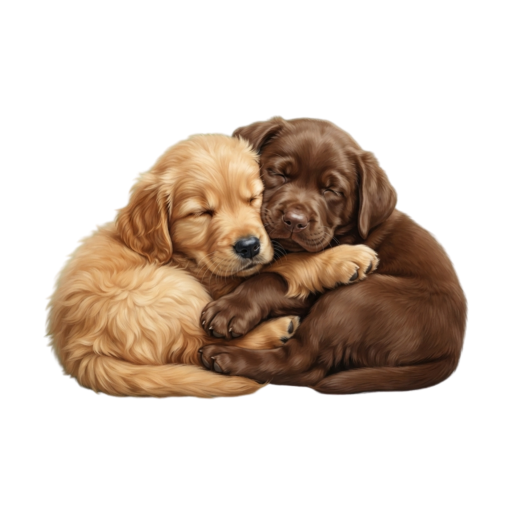 Two adorable puppies, one golden and one chocolate brown, sleeping closely together.